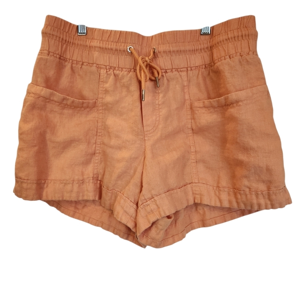 Athleta Cabo 100% Linen 4" Short Orange Size 8 Elastic Waist Drawstring Pockets - Picture 2 of 14